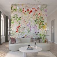 A colorful painterly wallpaper filled with blooming meadow flowers and delicate leafy textures.