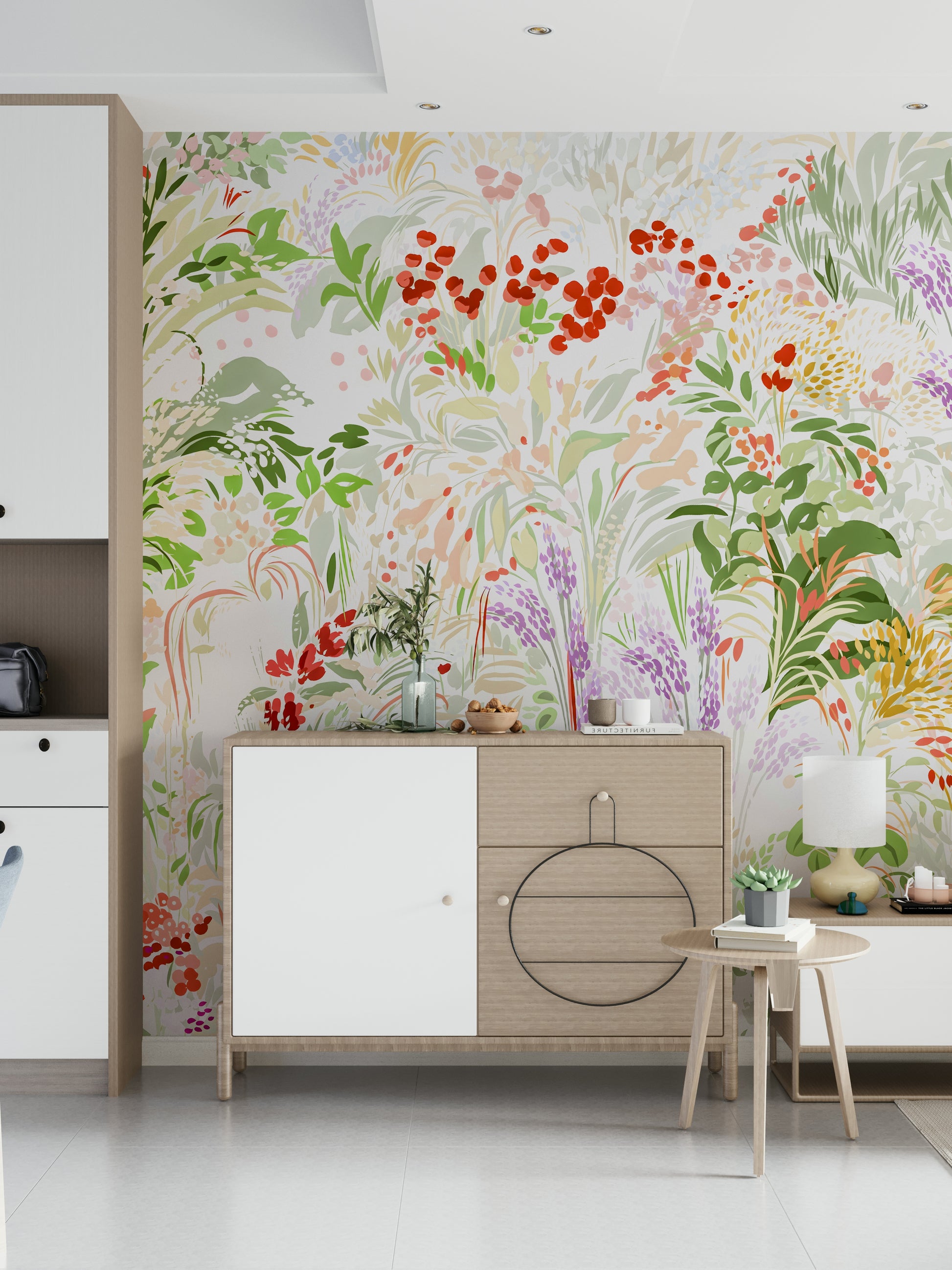 Floral meadow wallpaper with artistic watercolor-style leaves and blossoms in fresh spring tones.