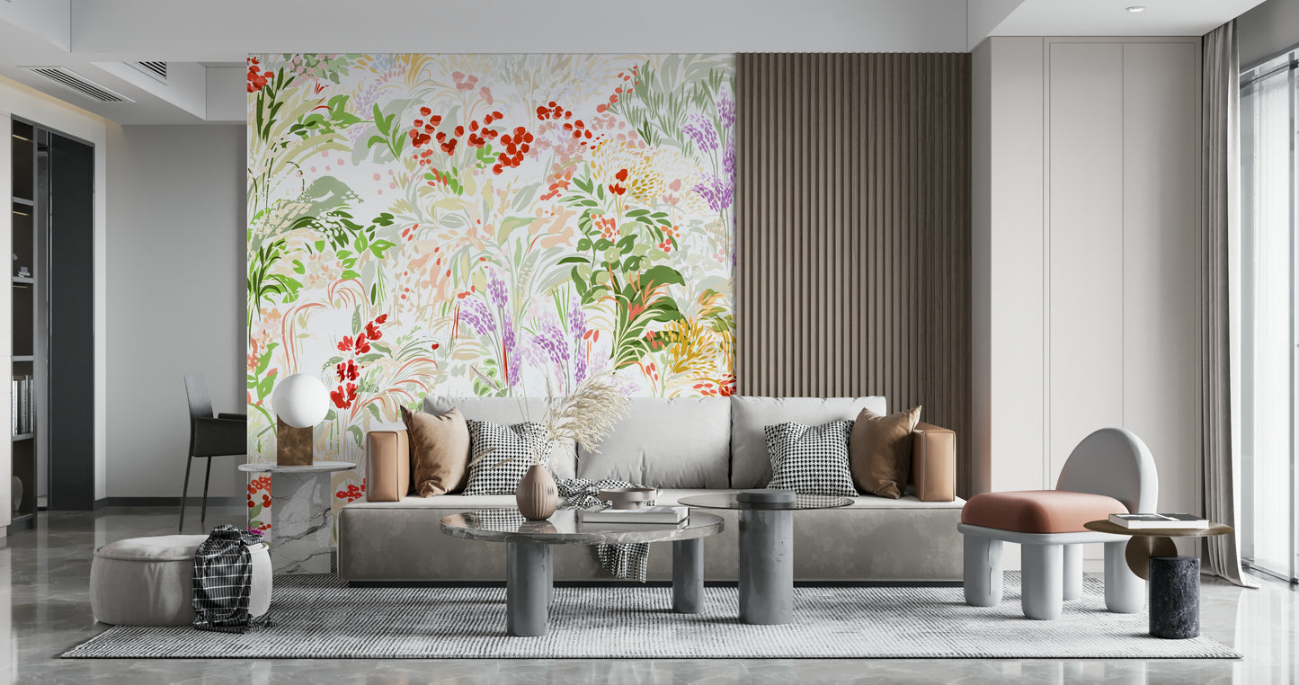 Art-inspired meadow wallpaper full of textured brushstrokes and layered botanical forms.