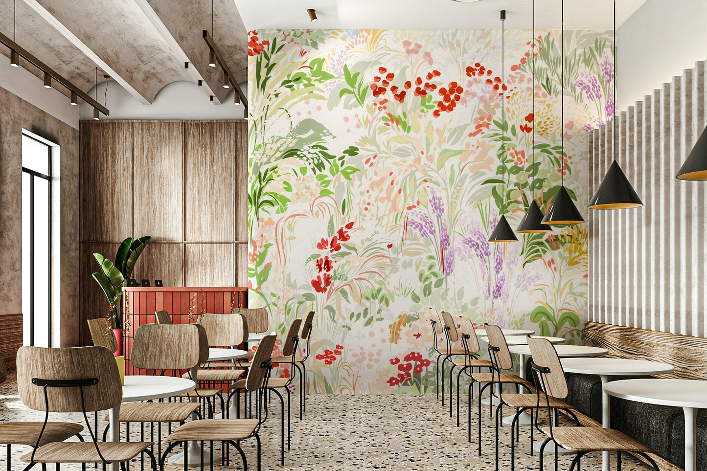 Artistic wildflower wallpaper with layered brushstrokes creating a dreamy garden meadow scene.