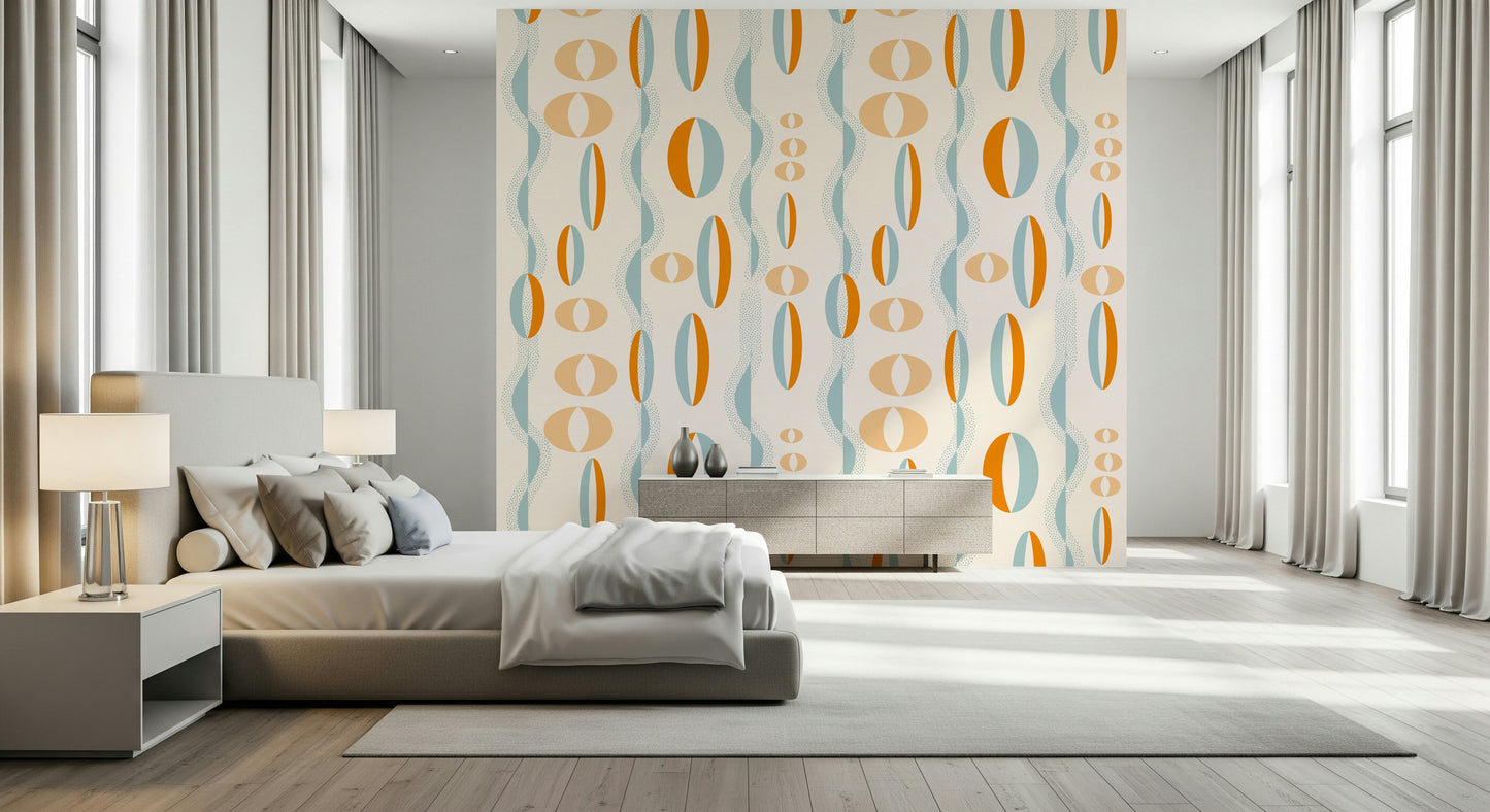 Mid-century modern wallpaper with repeating atomic oval motifs and wavy teal lines.
