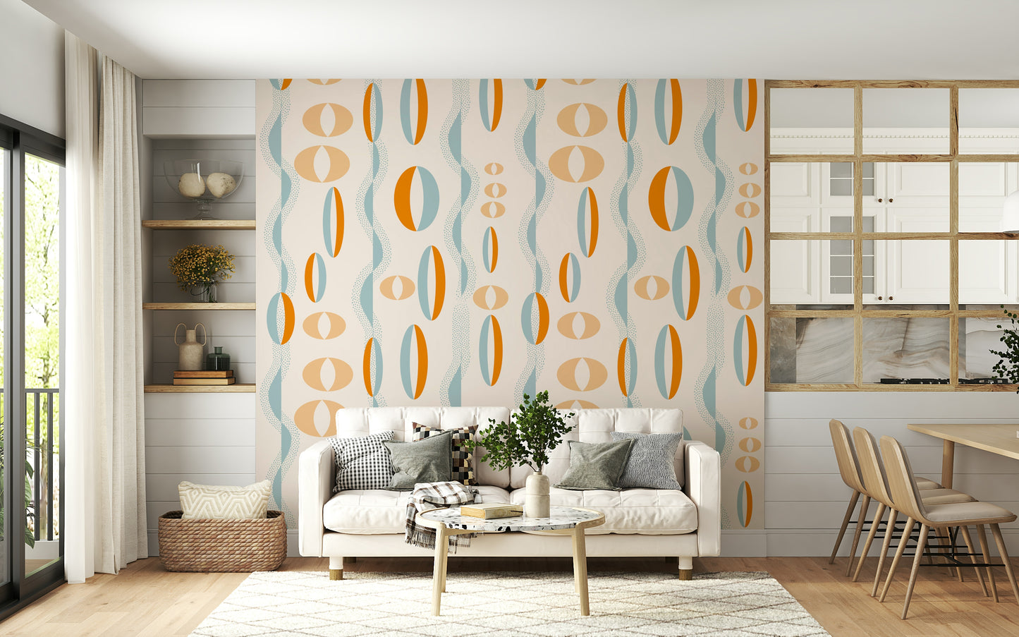 A playful mid-century wallpaper with repeating oval forms and wavy decorative accents.