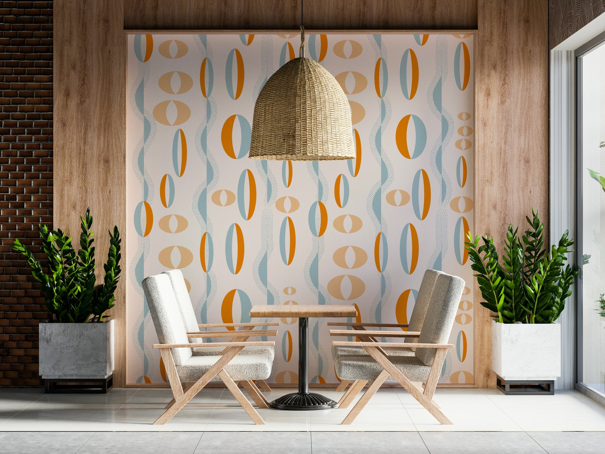Atomic-era inspired wallpaper featuring symmetrical ovals in warm orange and soft blue tones.
