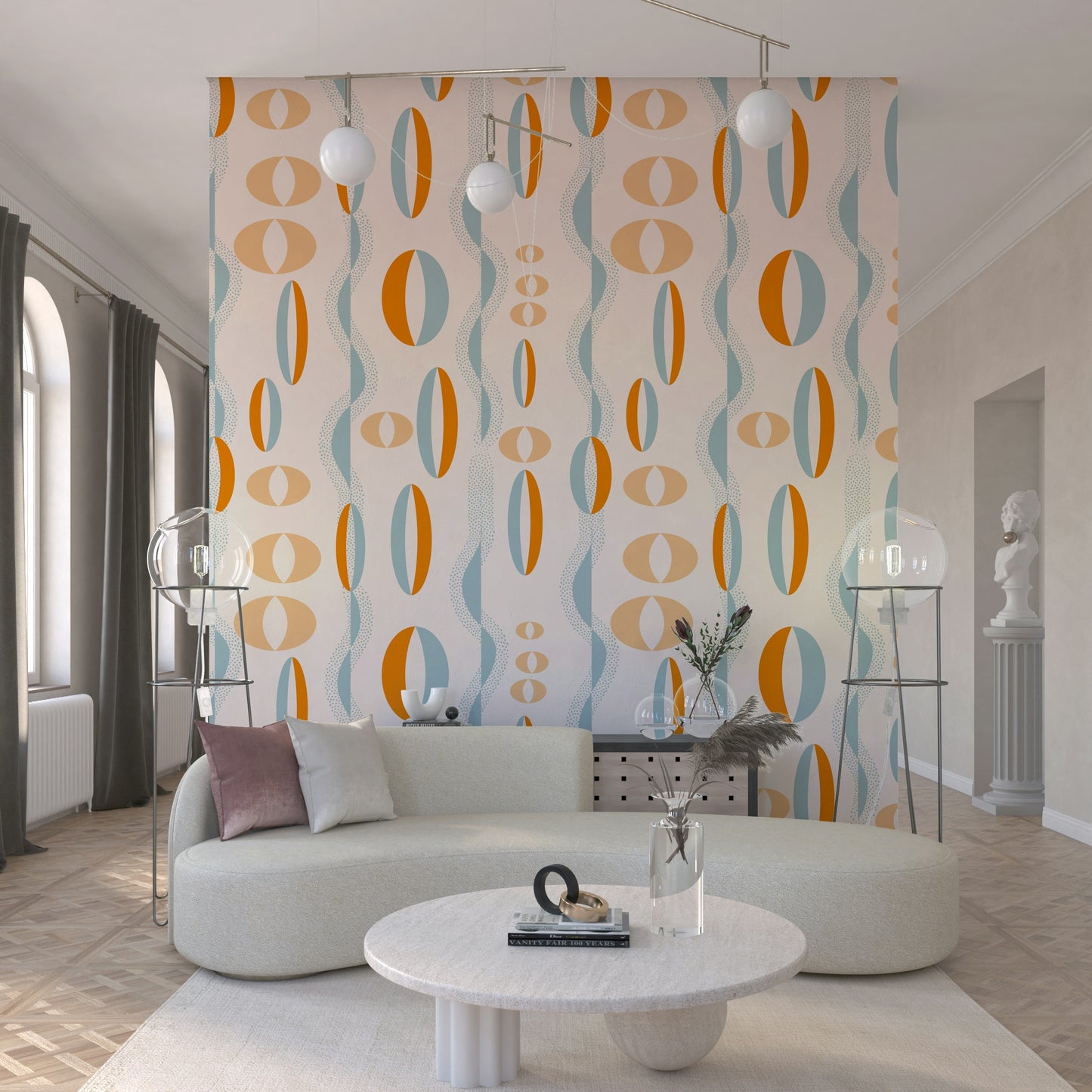 Vintage wallpaper featuring classic atomic-era motifs with elongated ovals and wavy blue lines.