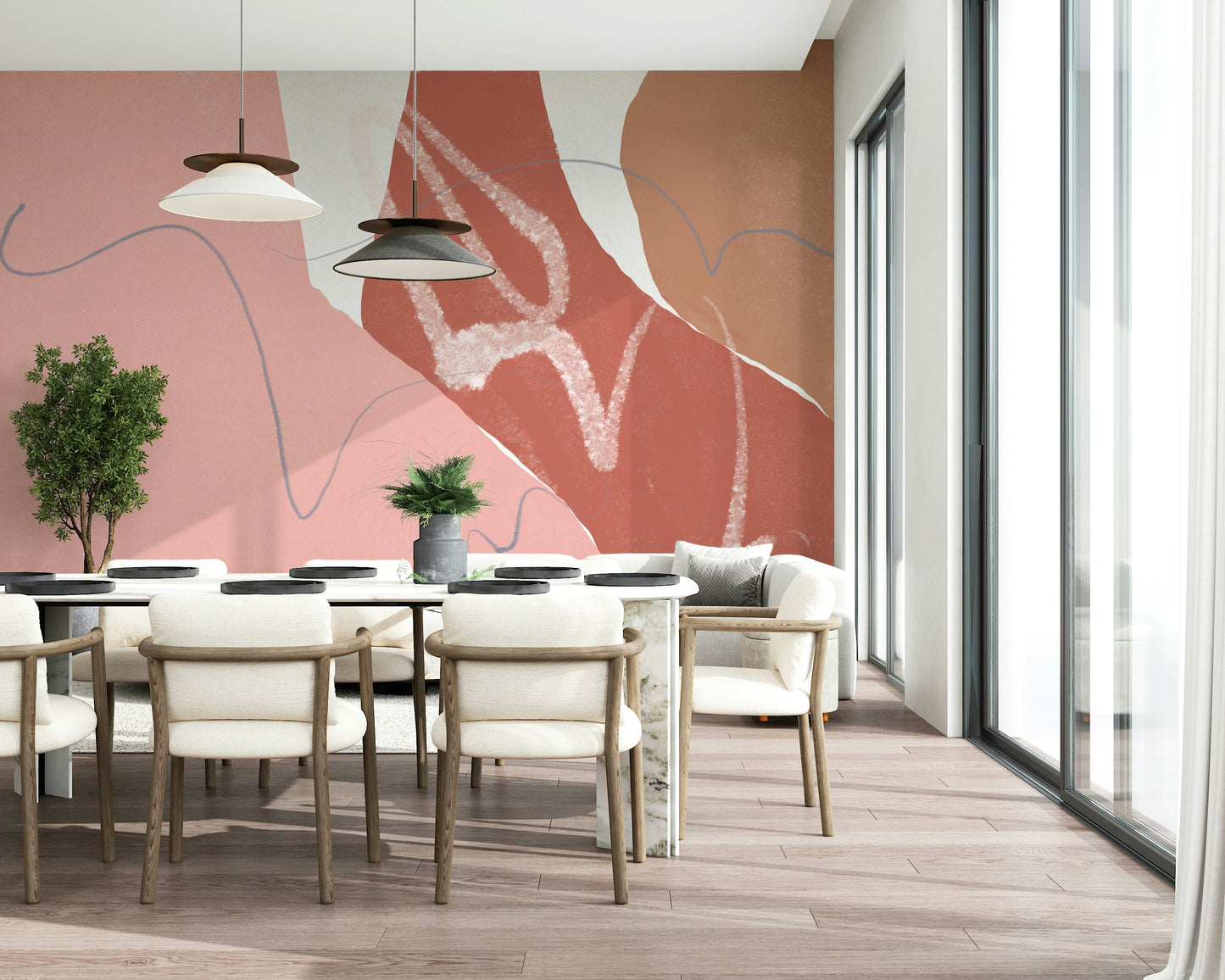 Abstract sandy waves in warm blush hues creating a soft, minimalist wallpaper design.