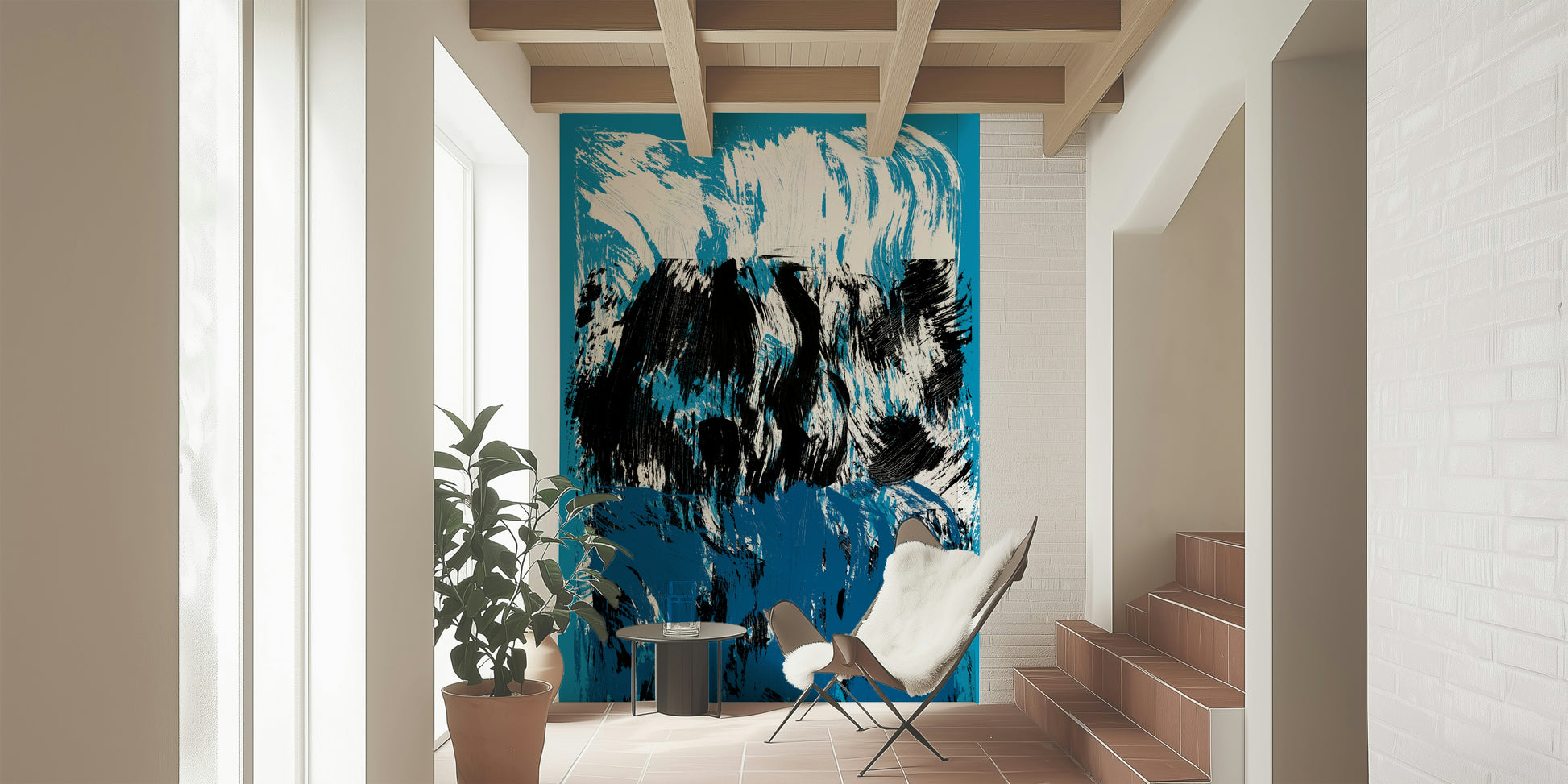 Abstract crashing wave patterns in blue and black creating a powerful high tide wallpaper design.