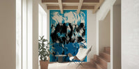 Abstract crashing wave patterns in blue and black creating a powerful high tide wallpaper design.