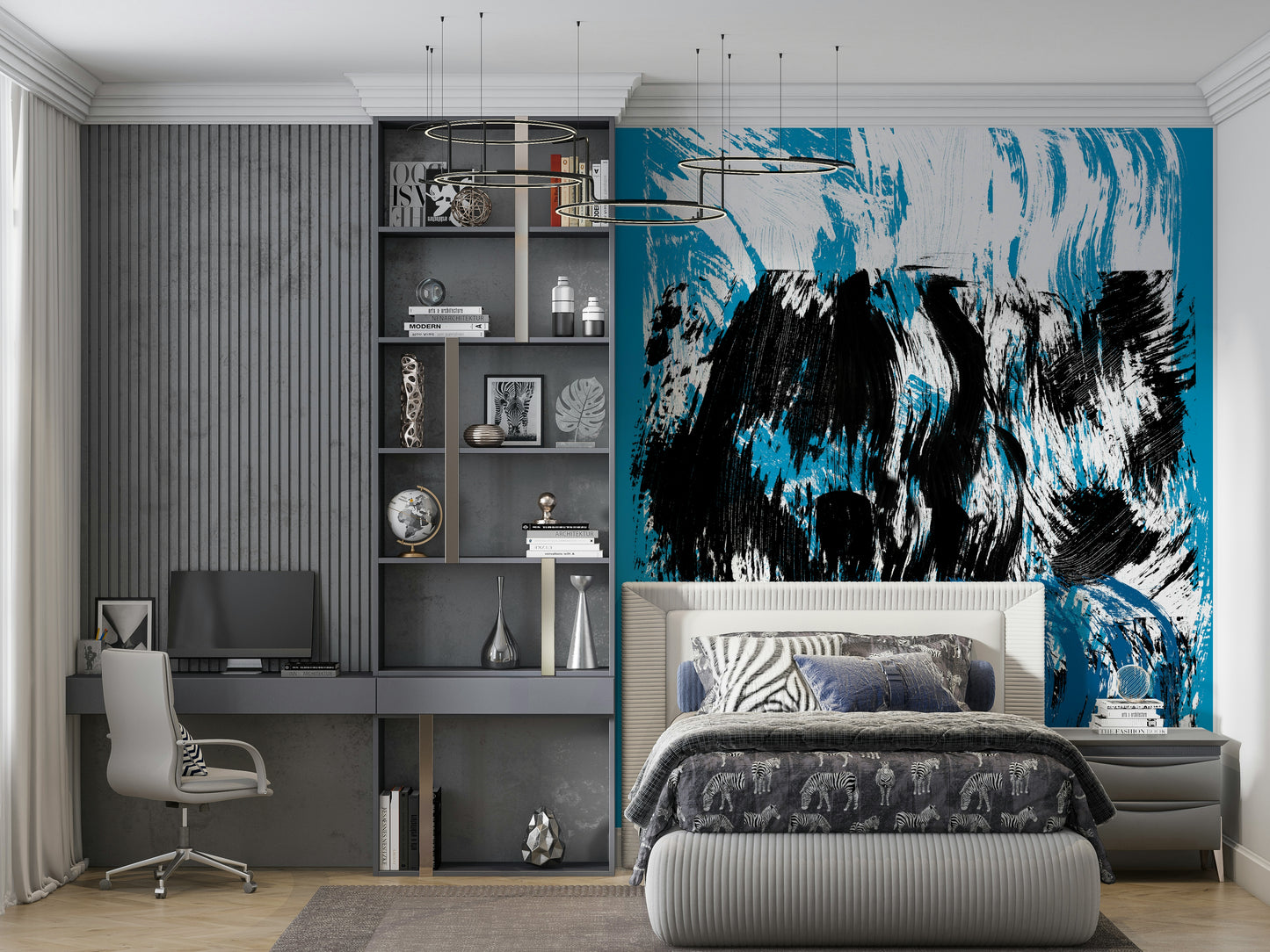 A bold marine-themed wallpaper with expressive strokes capturing the movement of rising tides.