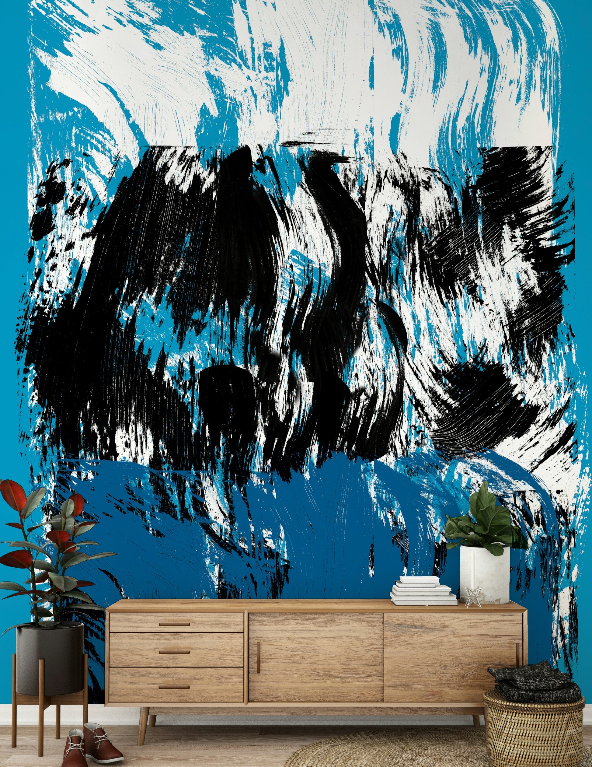 Striking black and blue strokes merging into an expressive high tide wallpaper artwork.