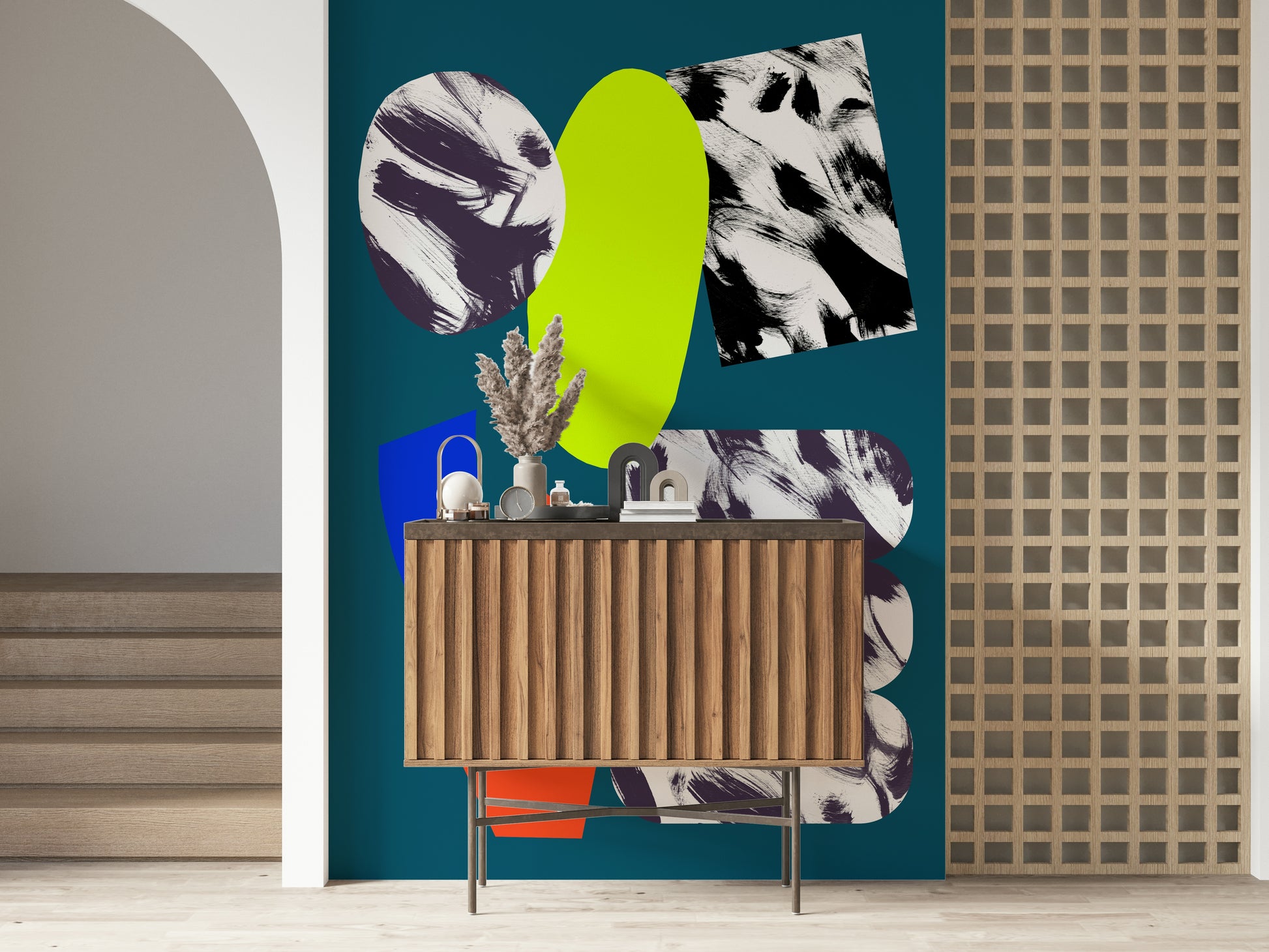 An abstract wallpaper featuring bold organic shapes in blue, lime green, red, and black-and-white textures.