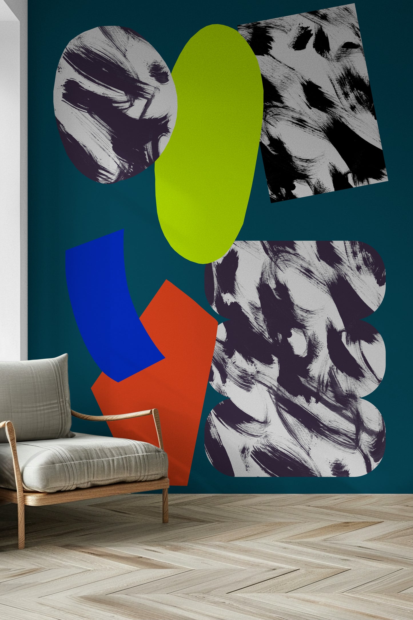 A striking wallpaper showcasing irregular brush-pattern shapes in mixed bright and neutral tones.