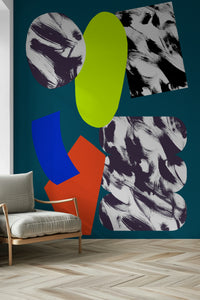A striking wallpaper showcasing irregular brush-pattern shapes in mixed bright and neutral tones.