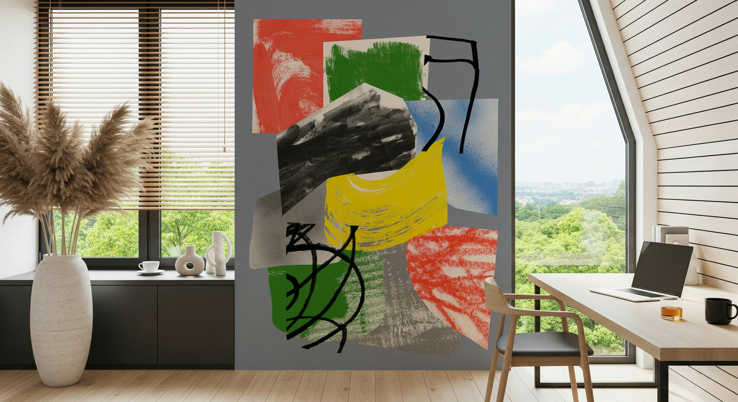 Playful abstract wallpaper with bold swirls and blocks of red, yellow, green, and blue paint.