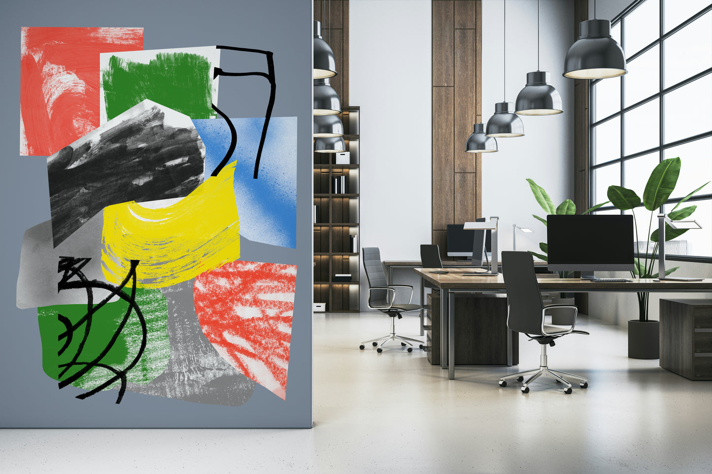 Abstract wallpaper featuring layered shapes and sweeping brush marks in vivid primary tones.