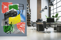 Abstract wallpaper featuring layered shapes and sweeping brush marks in vivid primary tones.