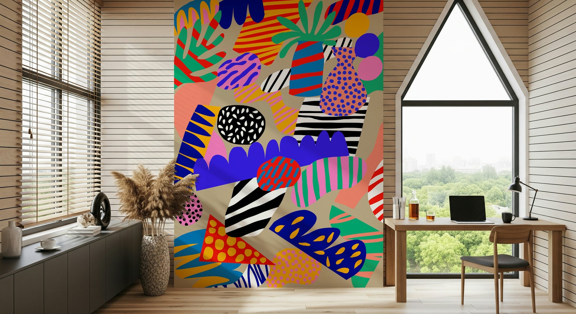 Bright abstract wallpaper featuring a mix of tropical motifs, bold colors, and quirky geometric patterns.