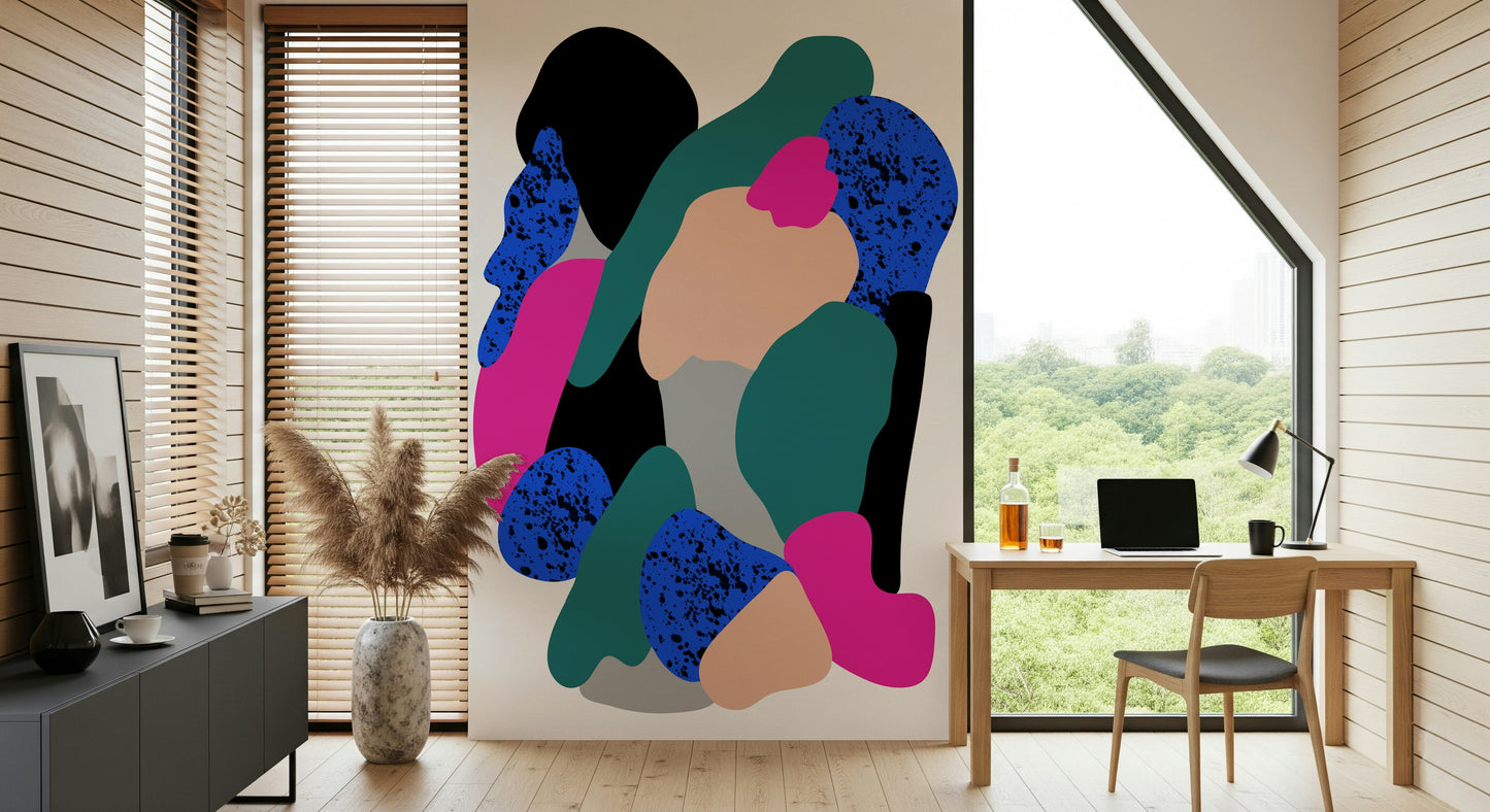 Contemporary abstract wallpaper showcasing bold shapes and a dramatic speckled blue pattern.