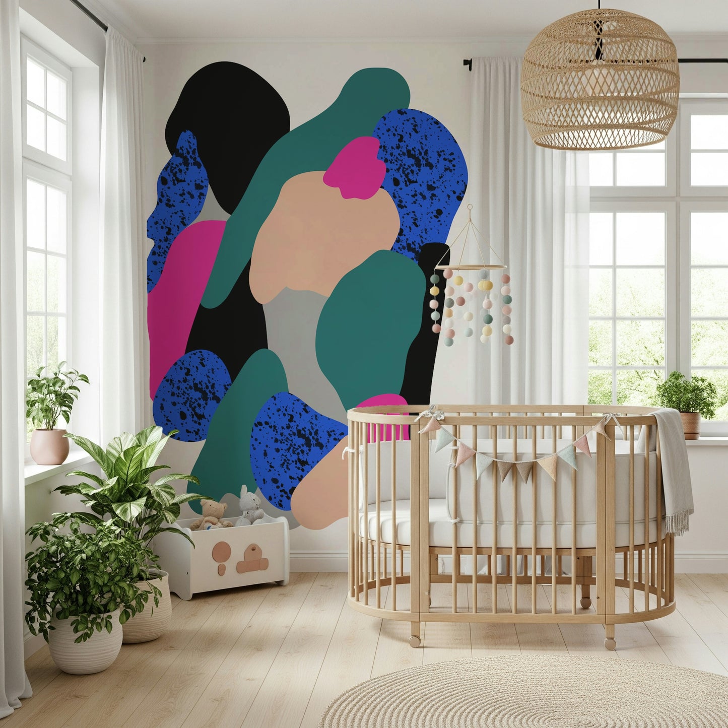 Abstract curved shapes in teal, pink, beige, and blue creating a striking artistic wallpaper.