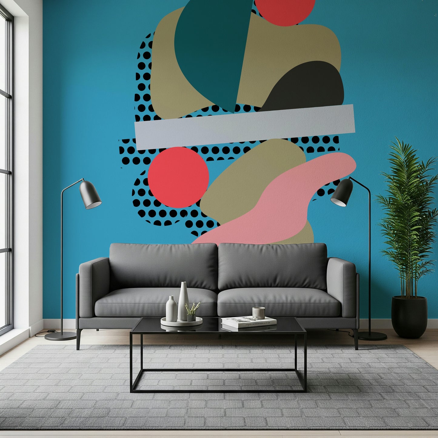 A creative wallpaper featuring playful geometric forms and polka-dot textures layered dynamically.