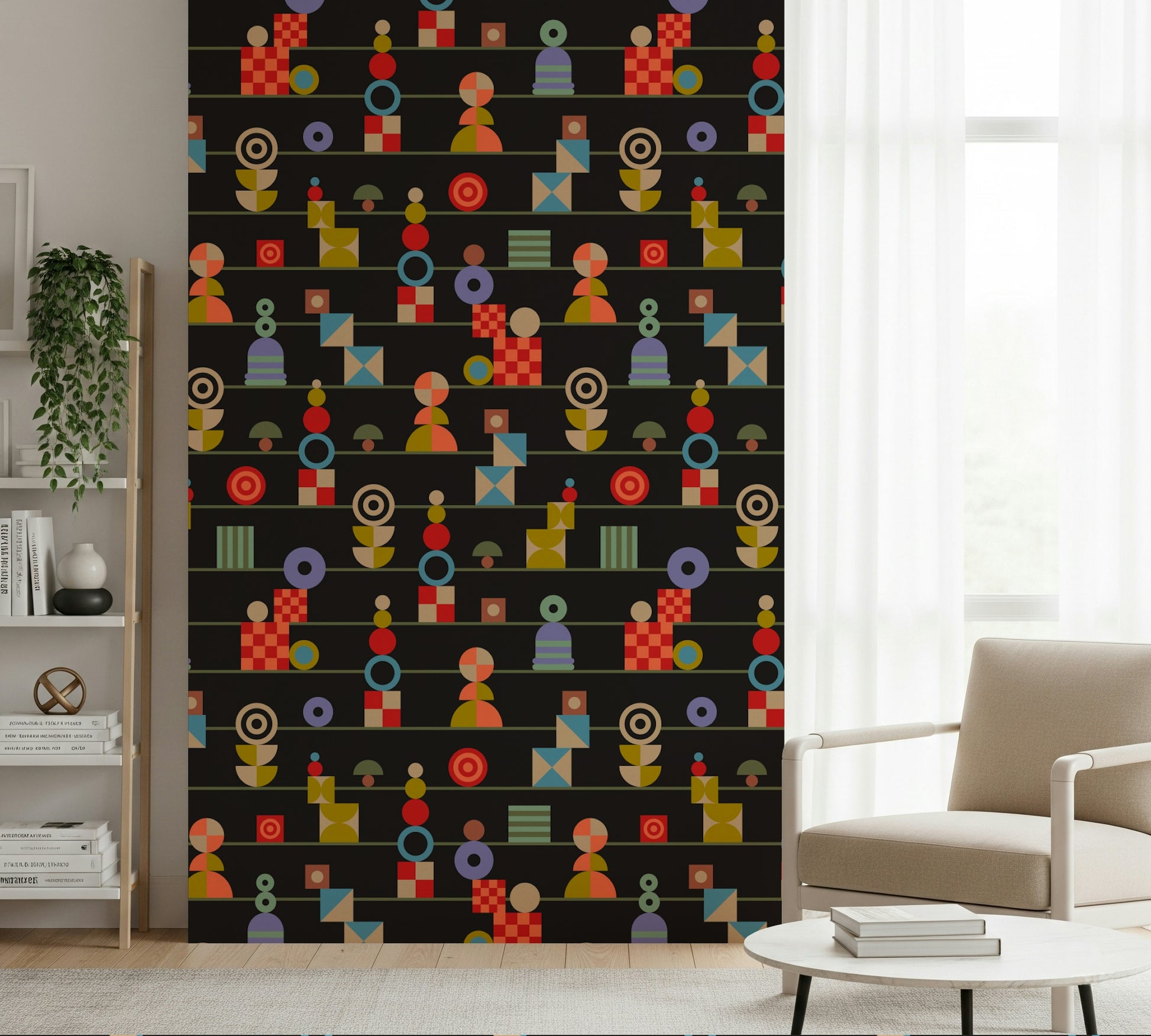 Multicolored circles, squares, and triangles forming playful stacked patterns across a dark charcoal wallpaper.
