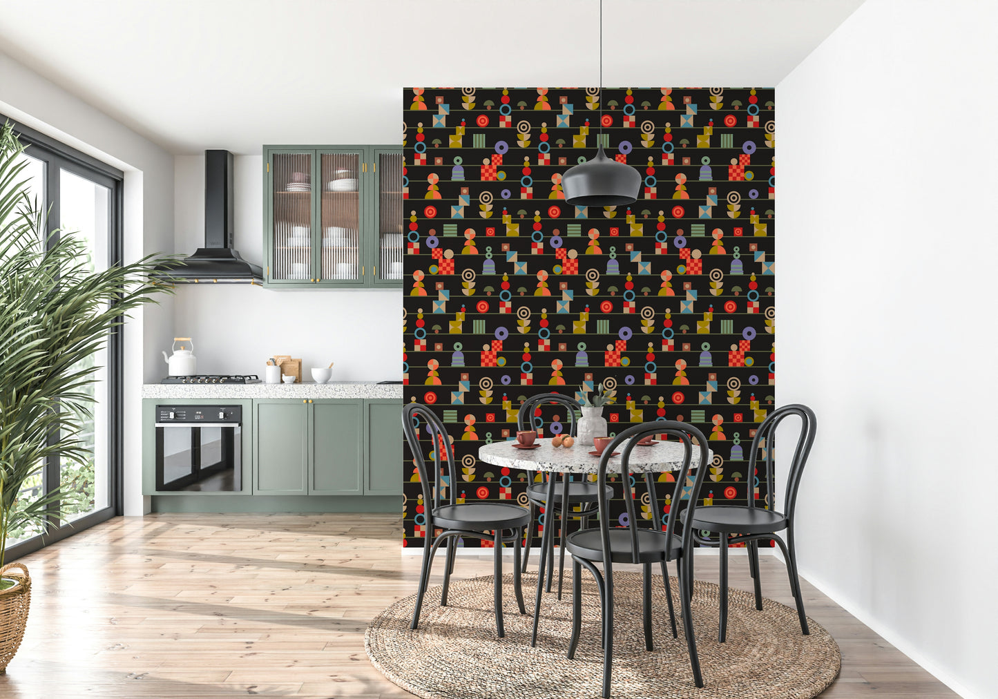 A bold retro wallpaper featuring layered playful shapes arranged neatly in striped rows.