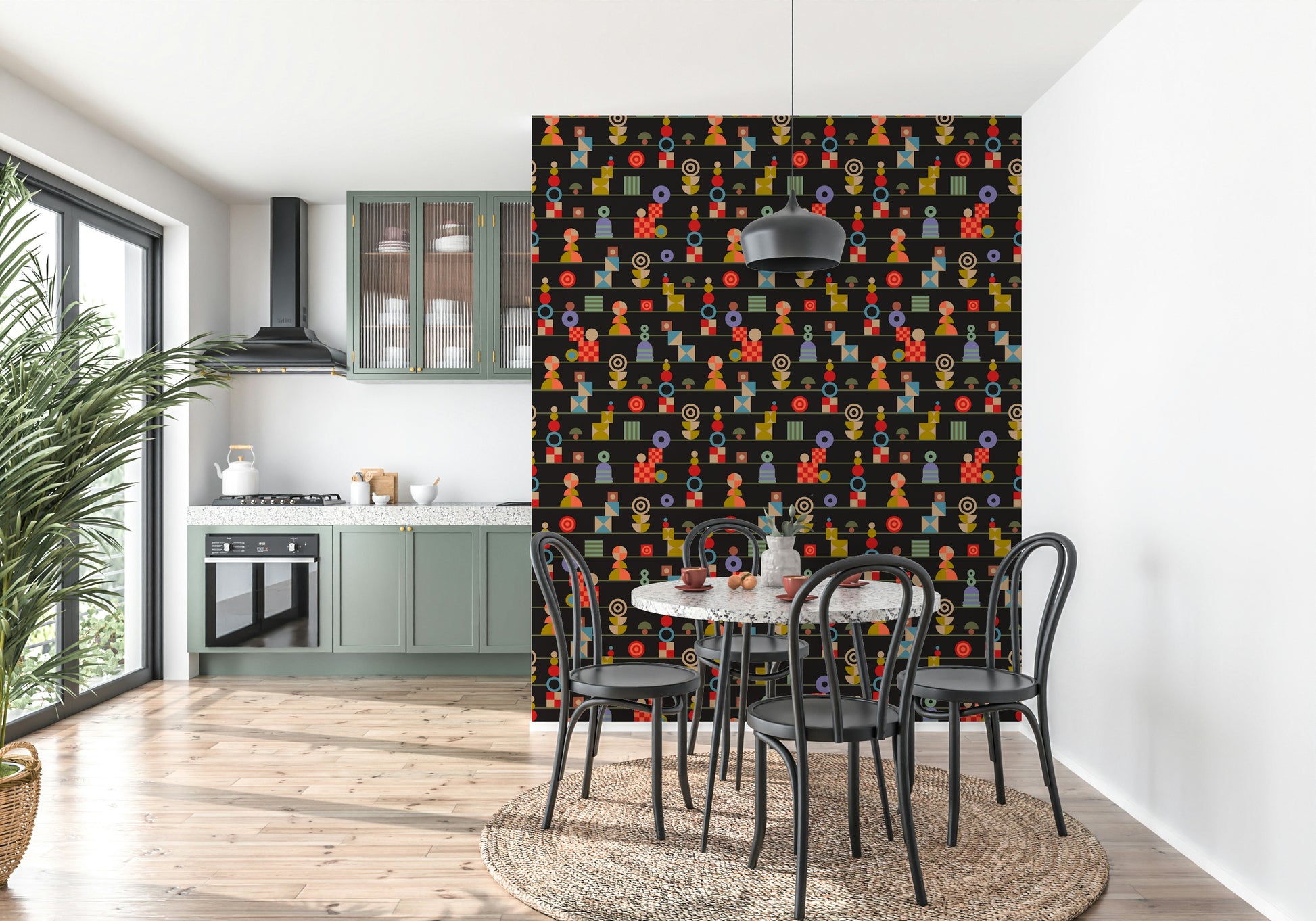 A bold retro wallpaper featuring layered playful shapes arranged neatly in striped rows.