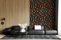 A retro geometric wallpaper featuring stacked colorful shapes arranged in horizontal stripes on a charcoal background.