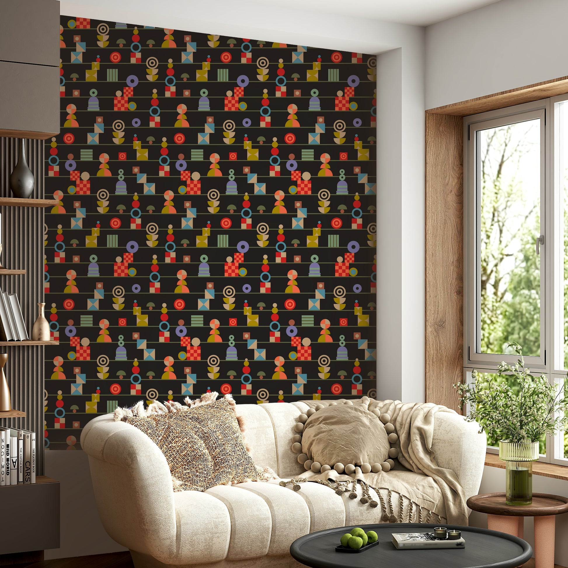 Stacked retro shapes arranged in striped rows, adding bold color contrast to a charcoal wallpaper design.