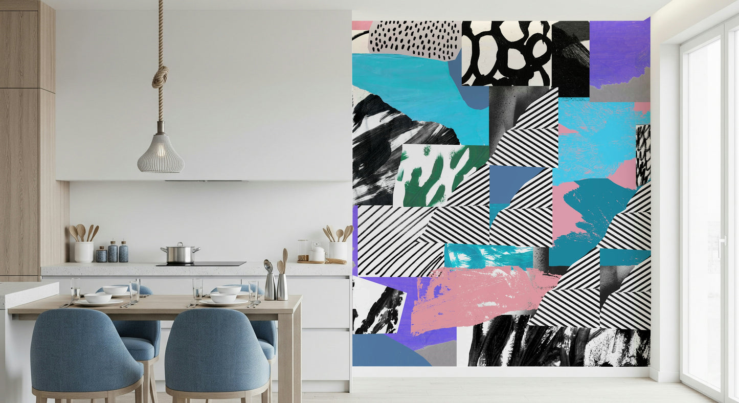 Energetic wallpaper featuring bold multicolored forms, dots, and stripes in a lively abstract style.
