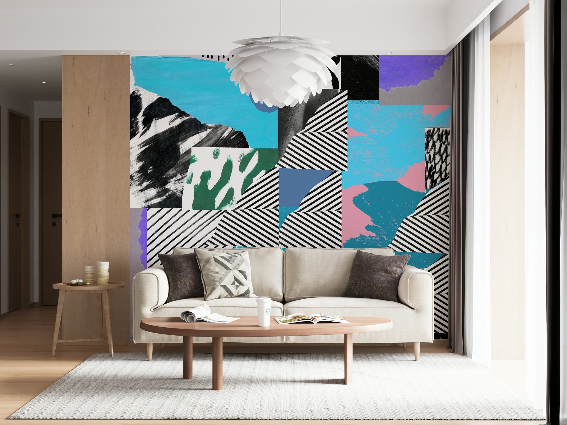 A bold party-inspired wallpaper with overlapping colorful elements and quirky graphic textures.
