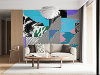 A bold party-inspired wallpaper with overlapping colorful elements and quirky graphic textures.