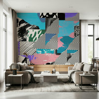 A vibrant abstract wallpaper filled with colorful party-like shapes, stripes, and playful patterns.