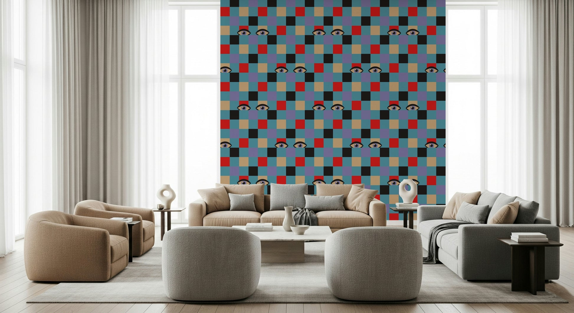 A quirky checkerboard wallpaper blending bold geometric squares with scattered eye illustrations.