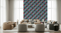 A quirky checkerboard wallpaper blending bold geometric squares with scattered eye illustrations.