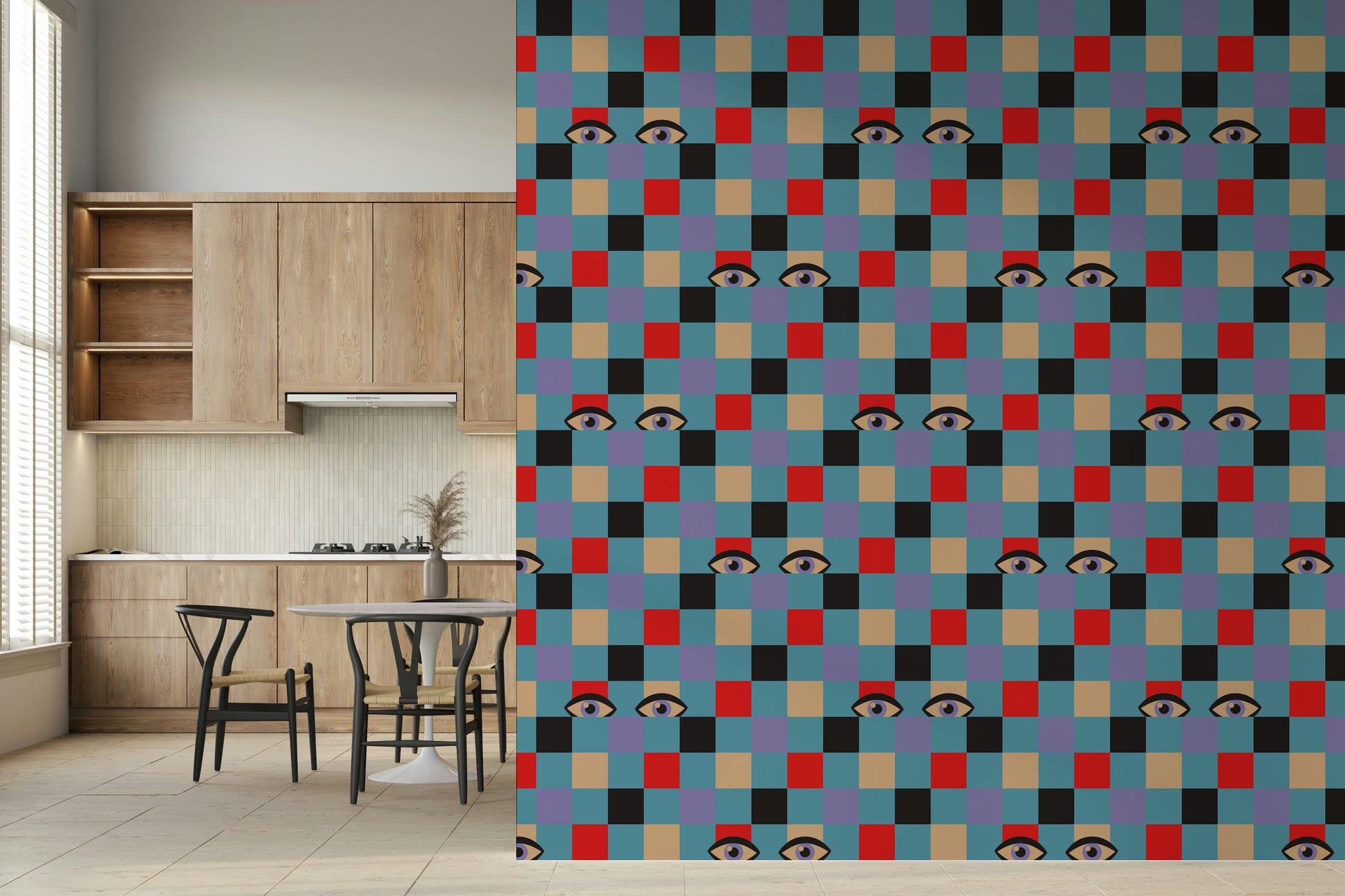Colorful checkerboard wallpaper with playful peekaboo eyes hidden among red, cream, purple, black, and blue tiles.
