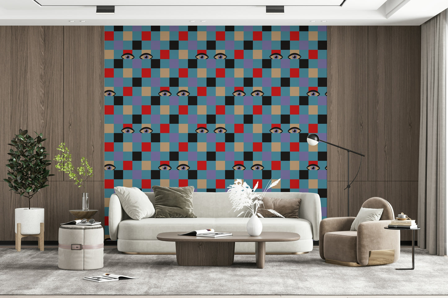 A playful wallpaper with multicolored checkerboard blocks and repeated illustrated eyes peeking through.
