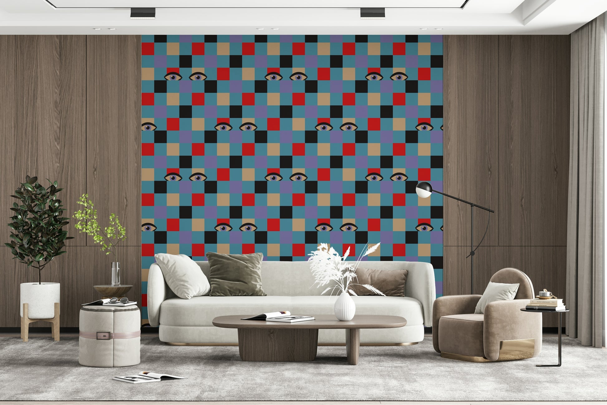 A playful wallpaper with multicolored checkerboard blocks and repeated illustrated eyes peeking through.
