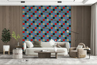 A playful wallpaper with multicolored checkerboard blocks and repeated illustrated eyes peeking through.