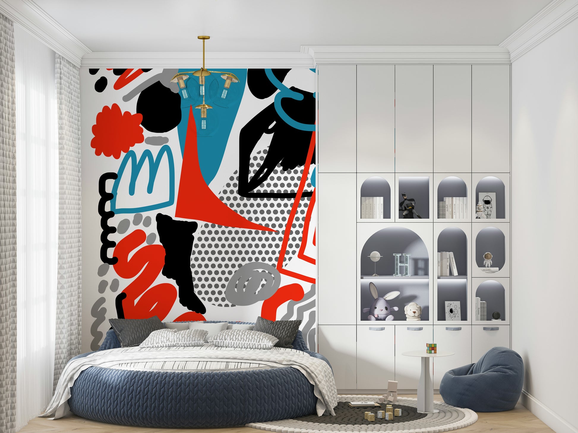 Graphic doodles and bold color splashes forming a striking modern abstract wallpaper.