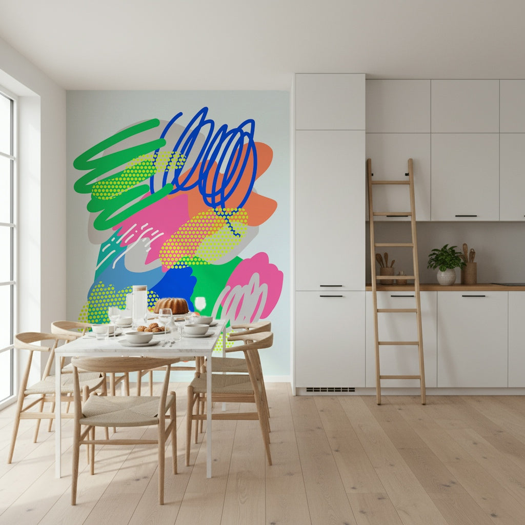 A playful wallpaper with neon brushstrokes, swirling lines, and dotted textures in bold hues.