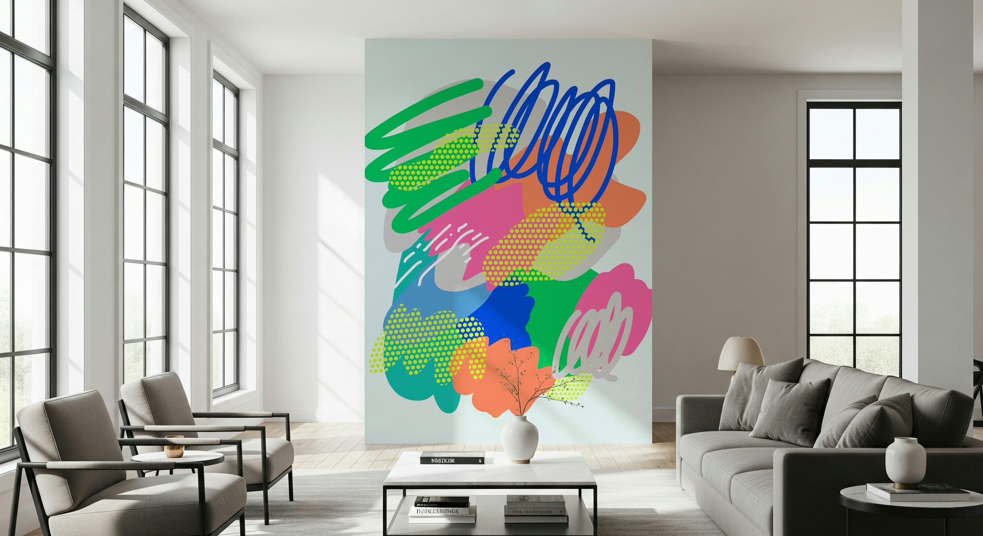 Colorful abstract strokes and bright overlapping shapes creating a high-energy wallpaper pattern.