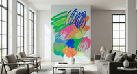 Colorful abstract strokes and bright overlapping shapes creating a high-energy wallpaper pattern.