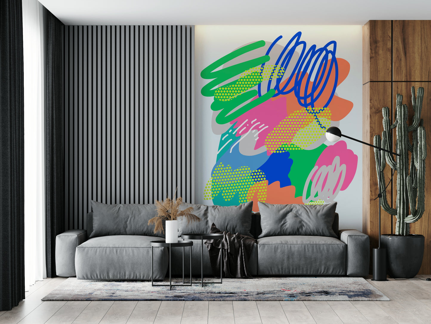 An expressive modern art wallpaper with layered colors, looping lines, and dotted accents.