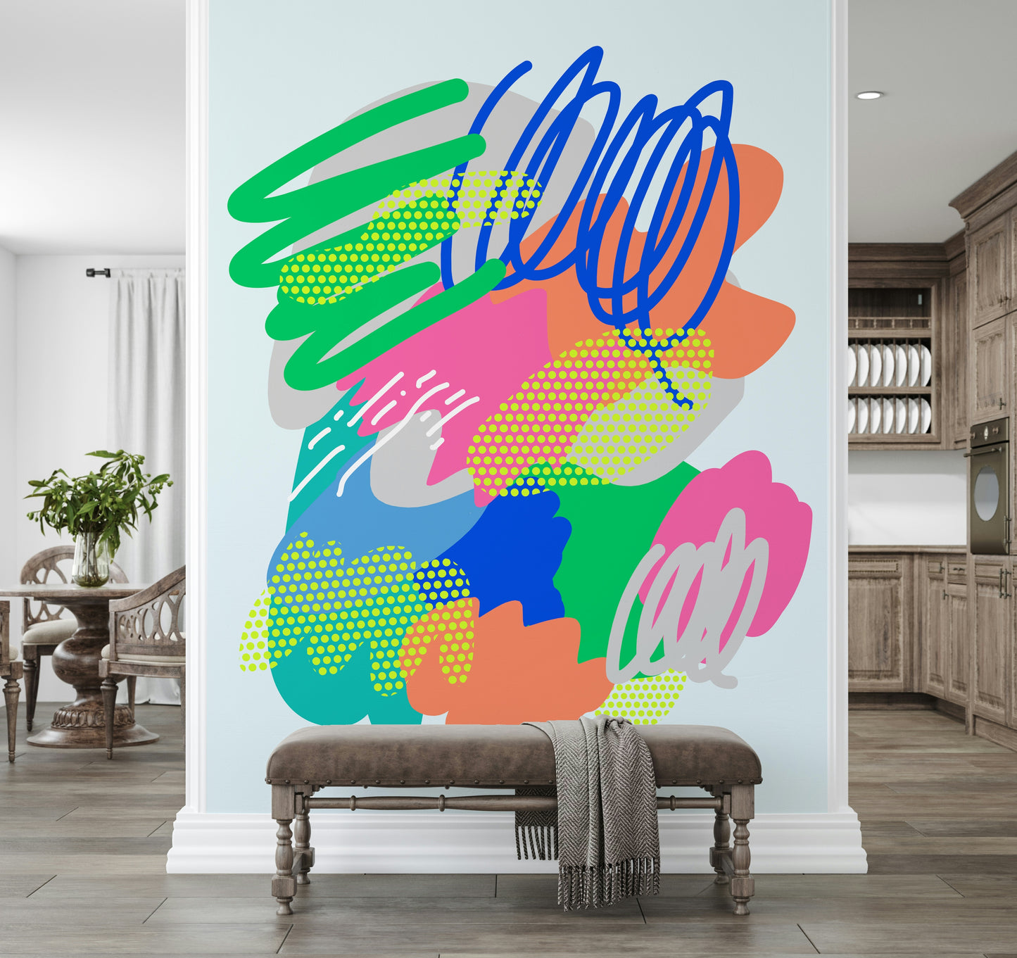 A lively graffiti-style wallpaper filled with colorful strokes, scribbles, and textured dots.