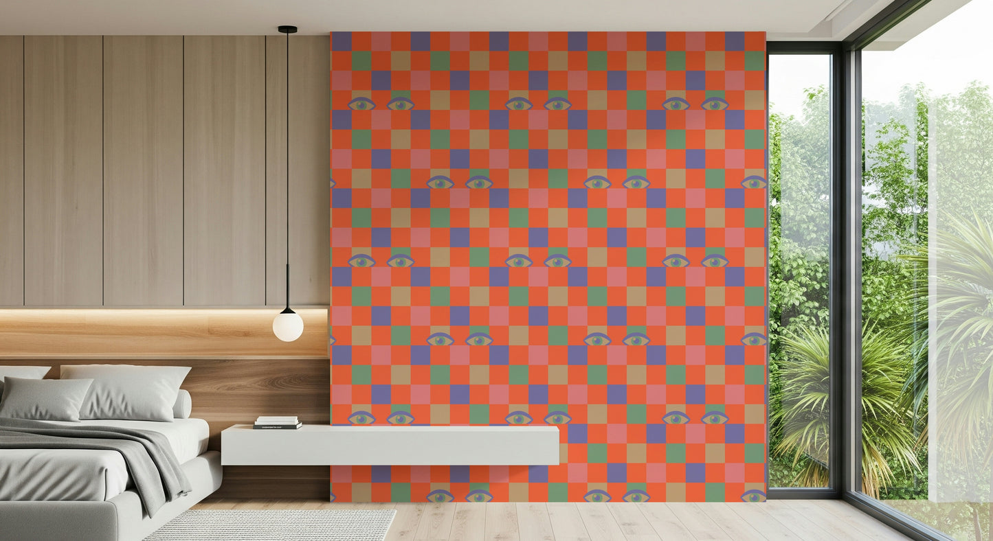 Checkerboard wallpaper in pink, cream, purple, mint, and coral accented by playful retro eye motifs.