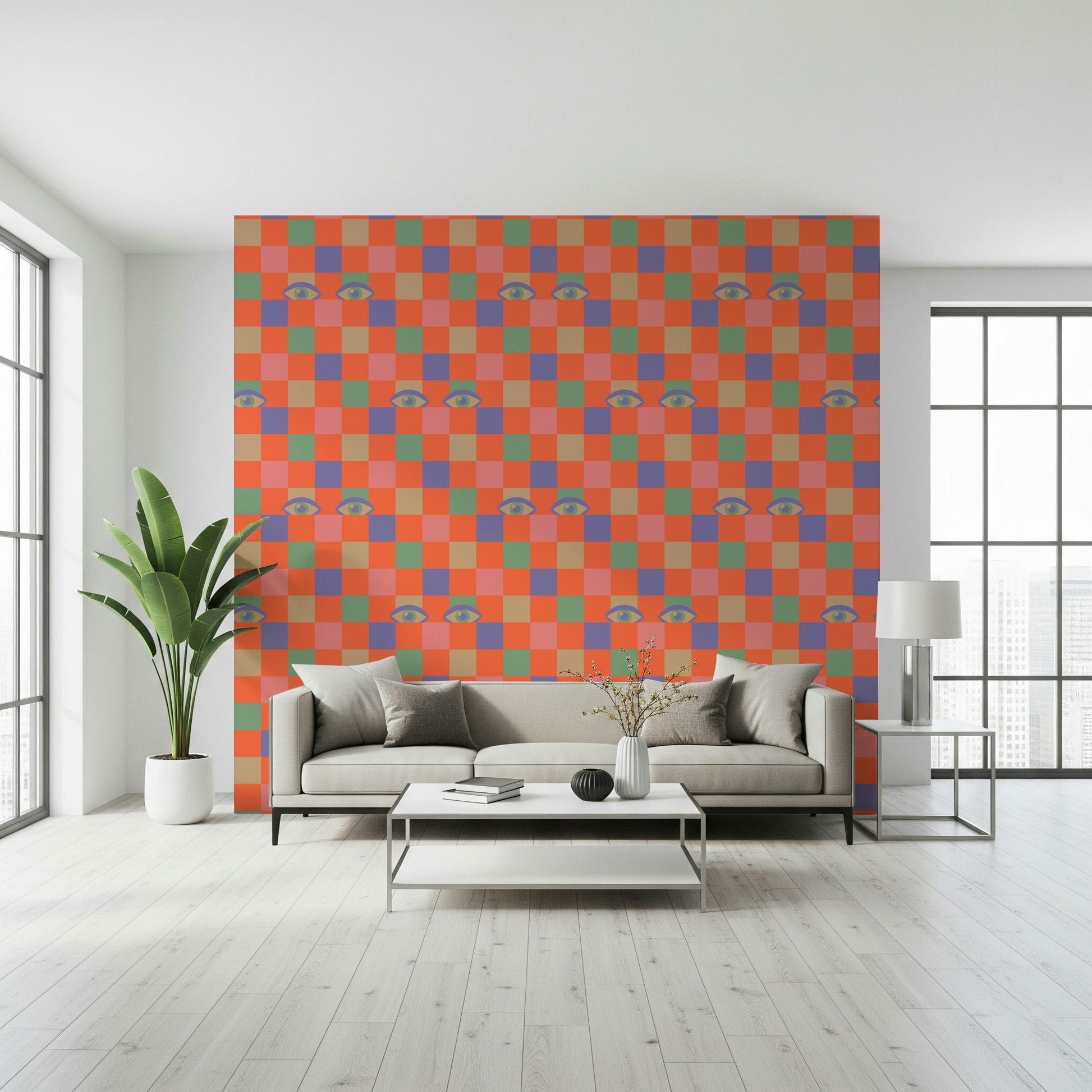 A playful wallpaper design combining colorful grid patterns with stylized watching eyes.