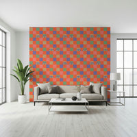 A playful wallpaper design combining colorful grid patterns with stylized watching eyes.