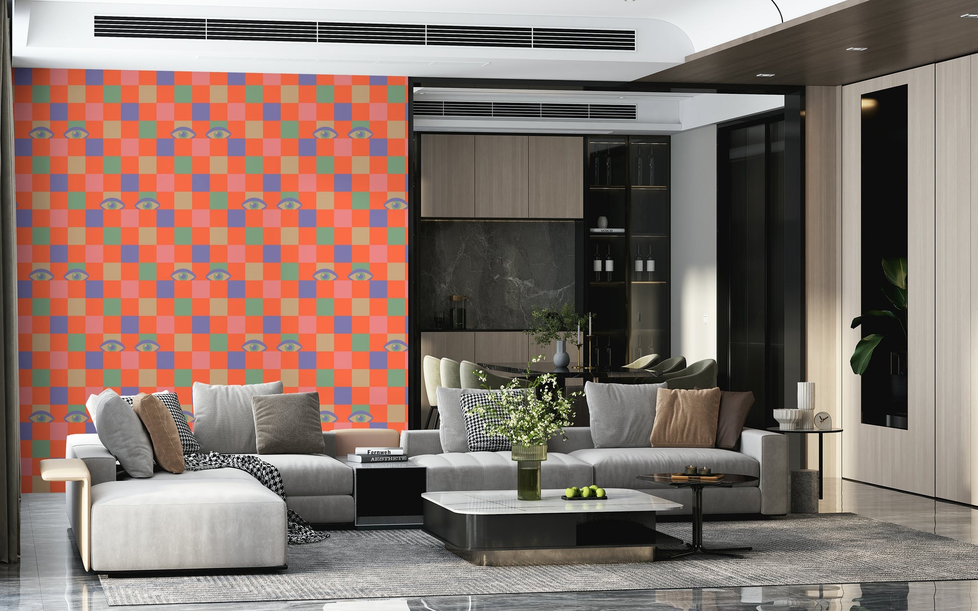 Retro-inspired wallpaper featuring scattered eye illustrations over a lively multicolored checkerboard.