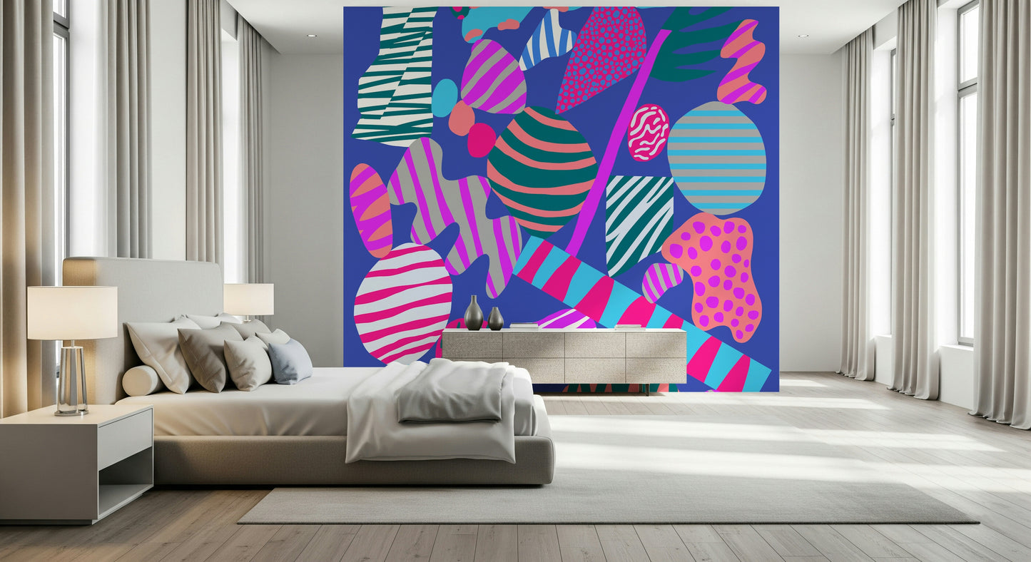 A lively abstract wallpaper with swirling geometric shapes in bright, groovy color combinations.