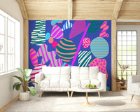 A retro-inspired wallpaper with playful striped and dotted shapes on a rich blue backdrop.